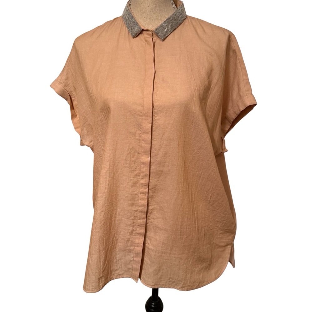 FABIANA FILIPPI TOP BLOUSE SHORT SLEEVE TAN PEACH BEADED SILVER COLLAR ITALY L